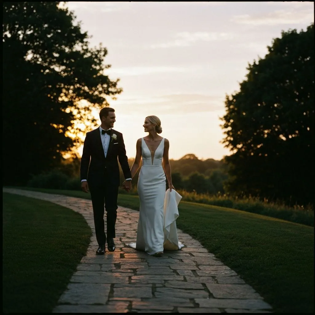 Pareja de bodas al atardecer