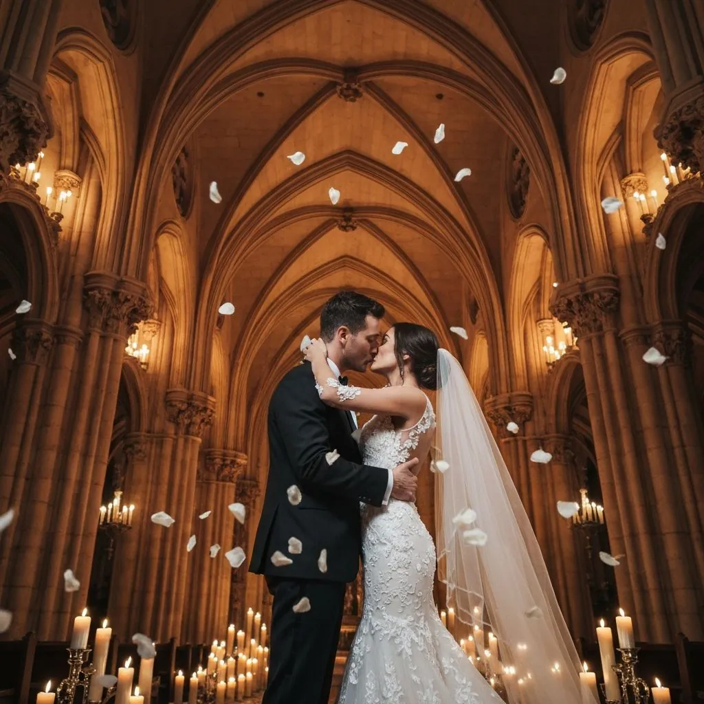 Pareja en catedral con pétalos de flores